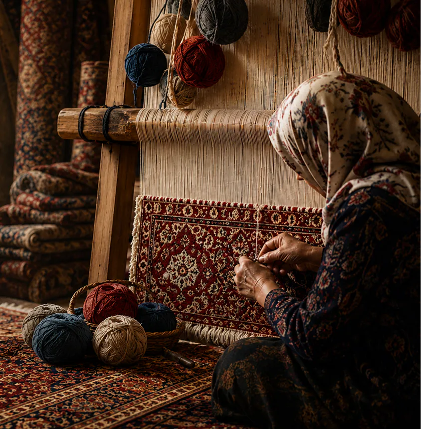 A weaver tying knots at the loom, surrounded by spools of dyed wool