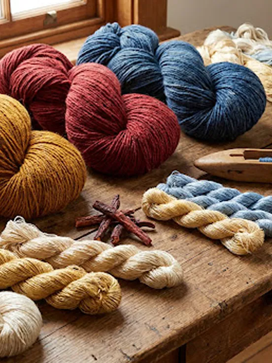 Naturally dyed yarns arranged on a wooden table