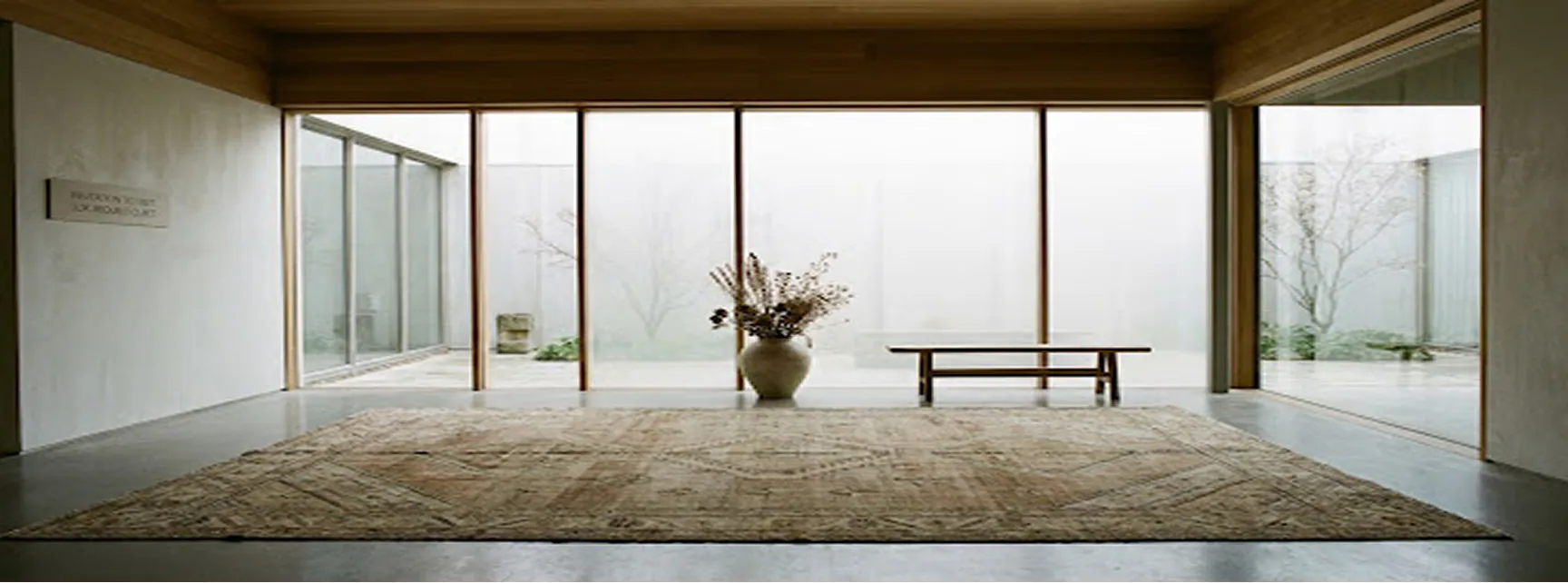 A minimal room with a large neutral rug and open courtyard windows
