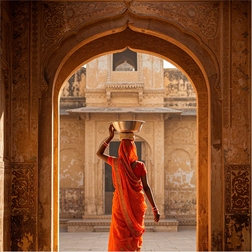 A woman in a red sari walking through a heritage archway