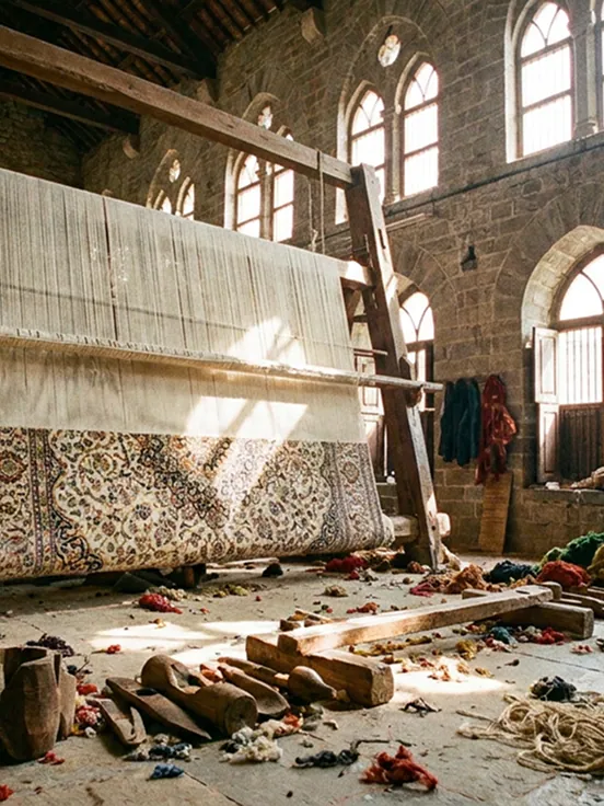A rug being woven inside a sunlit stone atelier