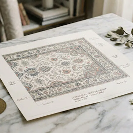 A hand-painted architectural rug graph on a marble table