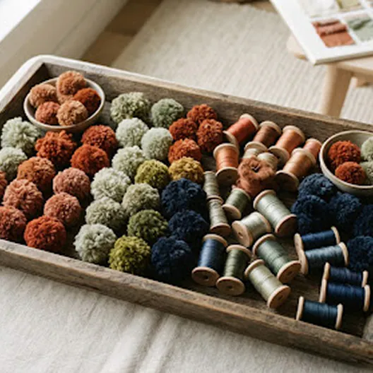 A tray of custom dye batches and thread spools