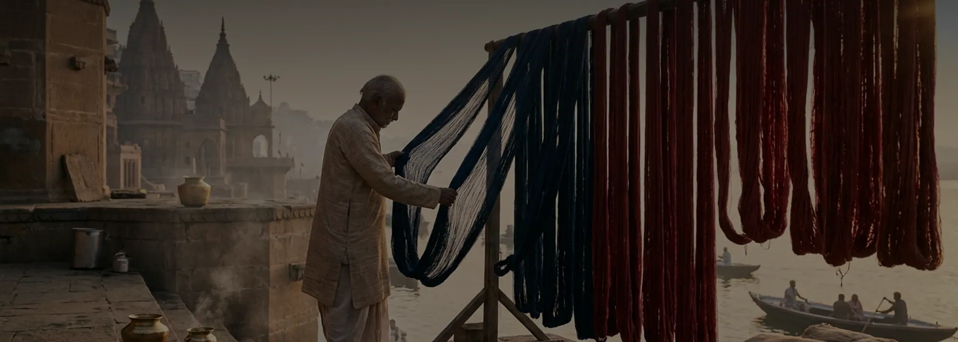 Dyed yarn drying beside the Ganges in Bhadohi