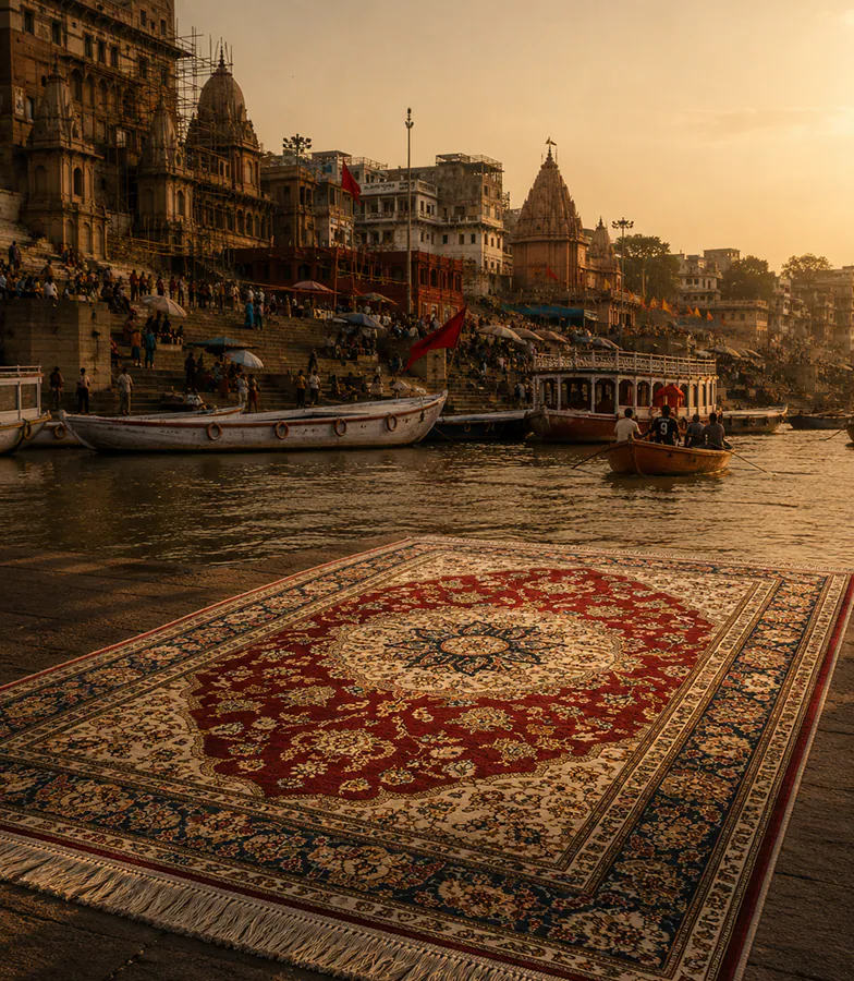The Riverstone Collection — a bordered rug beside moored boats