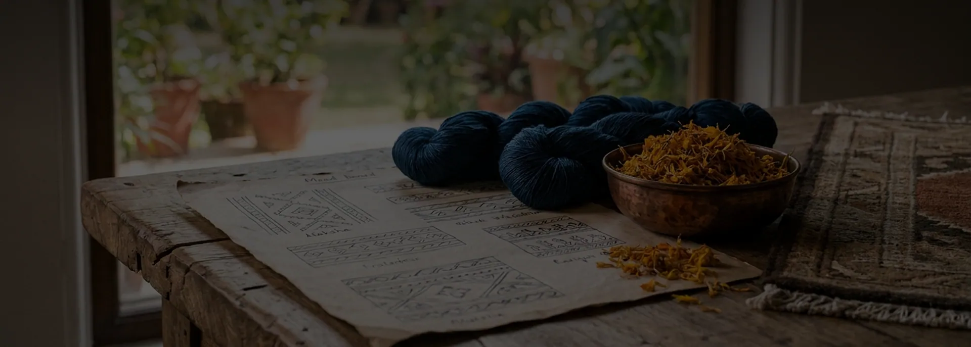 A design table set with indigo skeins, marigold dye, and a hand-drawn naksha