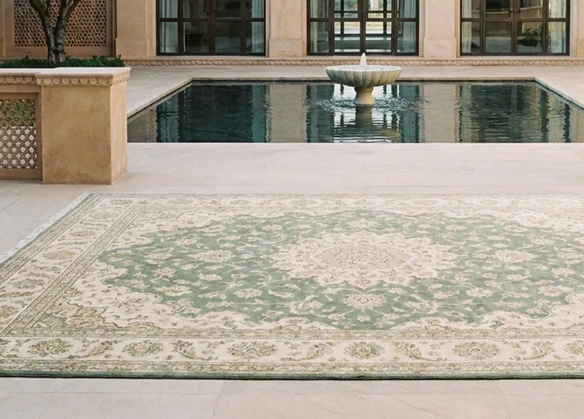 A silk rug laid beside the reflecting pool of the Bhadohi courtyard