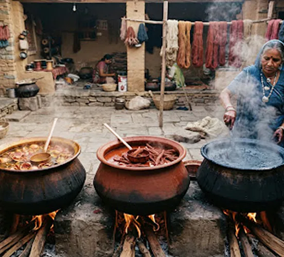 Clay pots of madder and indigo simmering over open fires