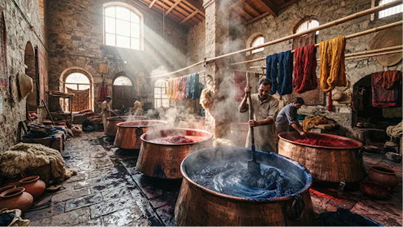 Copper vats of botanical dye steaming in the dye house