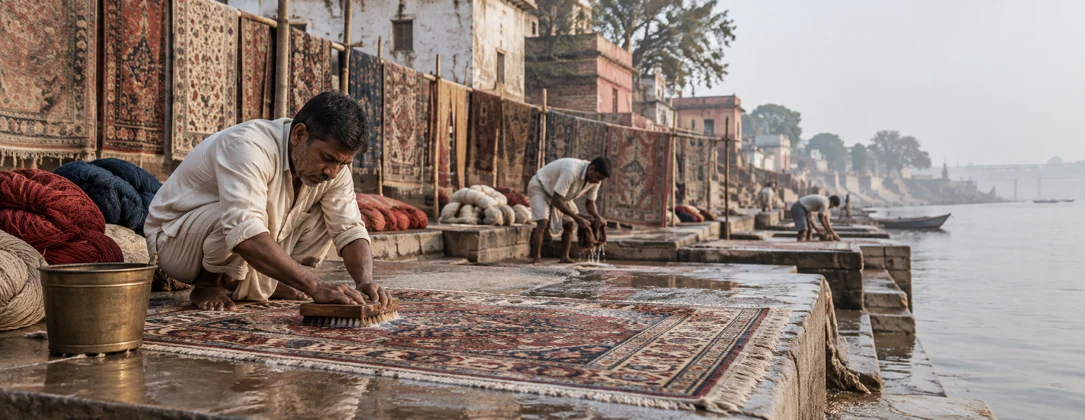Artisans washing and drying hand-knotted rugs beside the Ganges riverbank