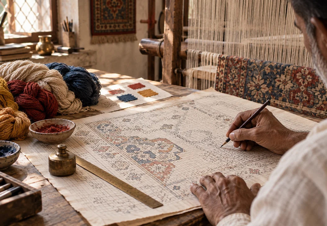 A designer drawing a Naksha grid beside loom threads in a Bhadohi atelier