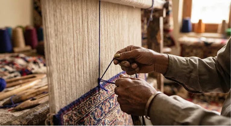 Two hands tying knots across the warp threads