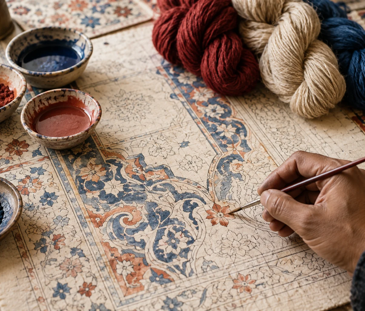 A designer hand-drawing the naksha on graph paper