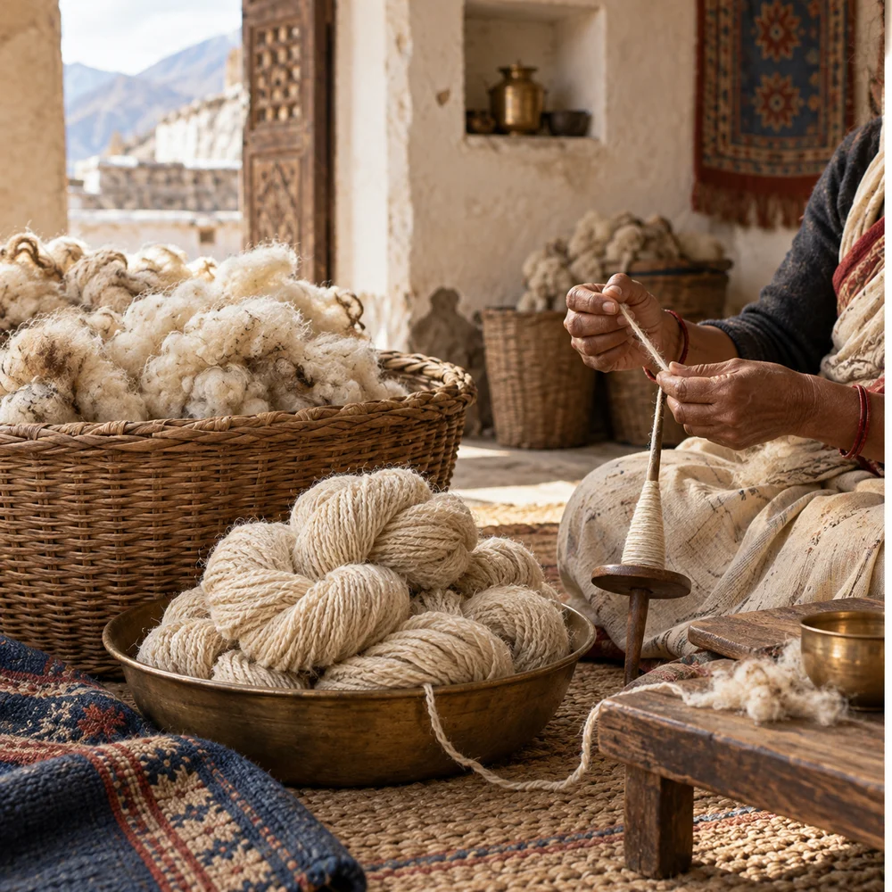 Baskets of undyed hand-spun wool in the atelier