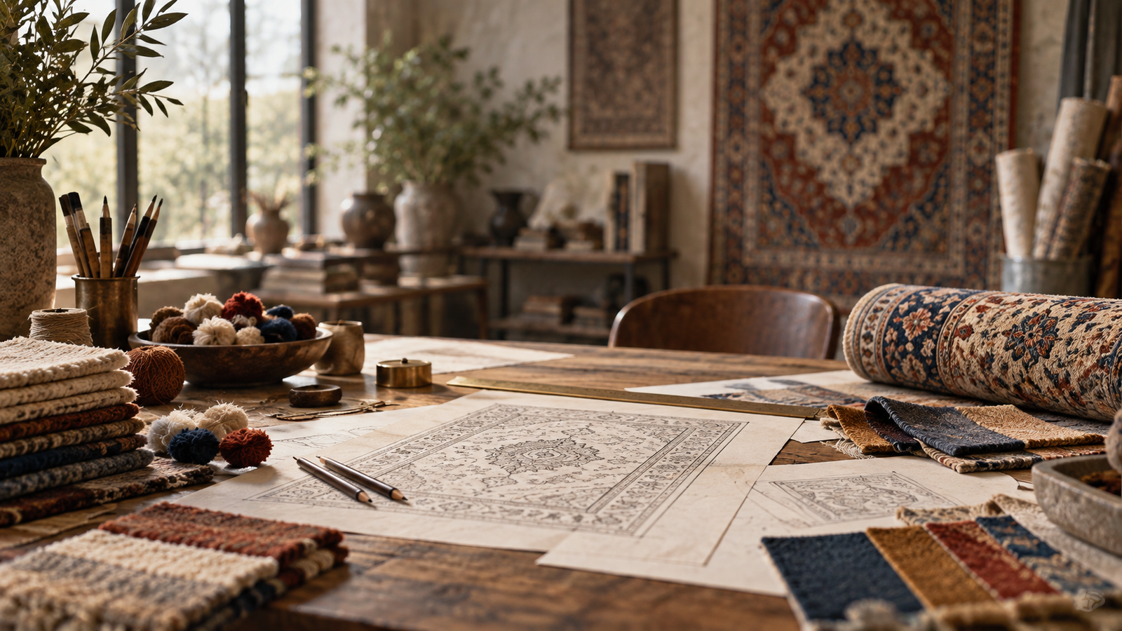 A bespoke rug design table with sketches, wool samples, and material palettes