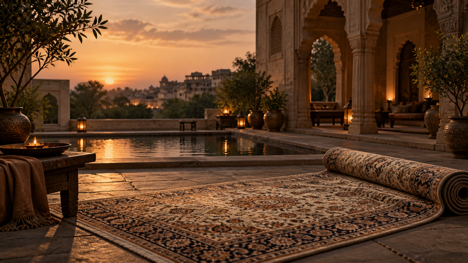A refined rug atelier courtyard at dusk with a hand-knotted rug unrolled on stone