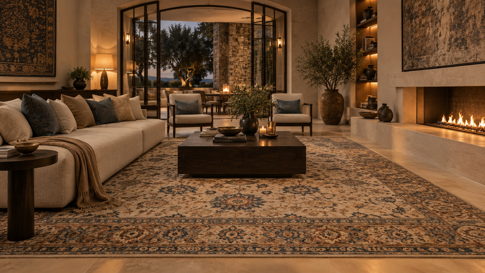 A completed luxury interior project anchored by a custom hand-knotted rug