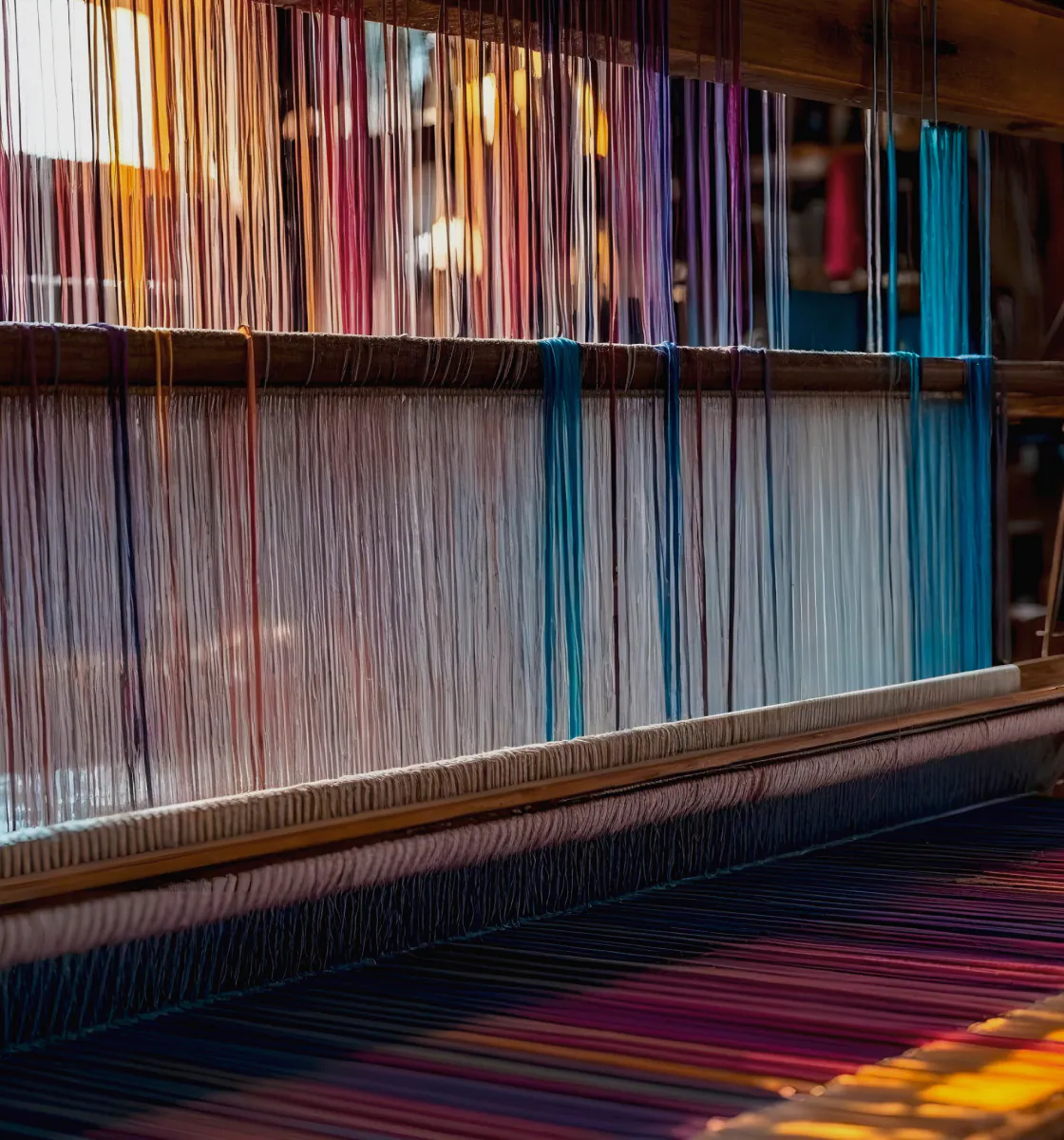 Dyed warp threads drawn tight across the loom