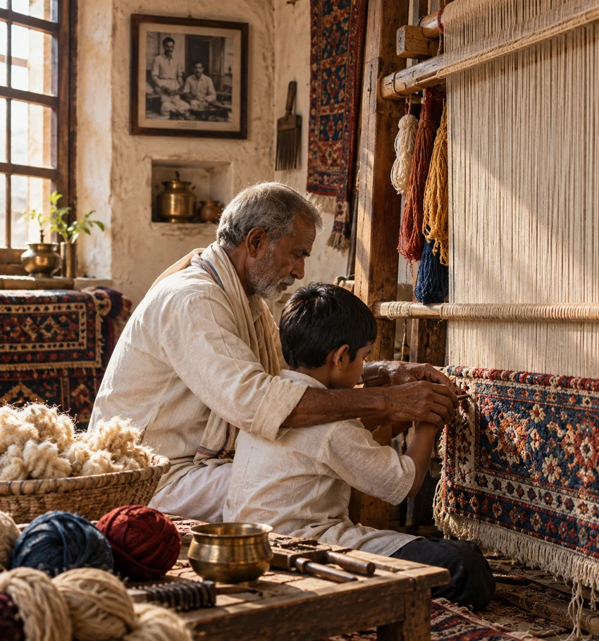An elder artisan guiding a younger family member at a handloom in a sunlit Bhadohi atelier